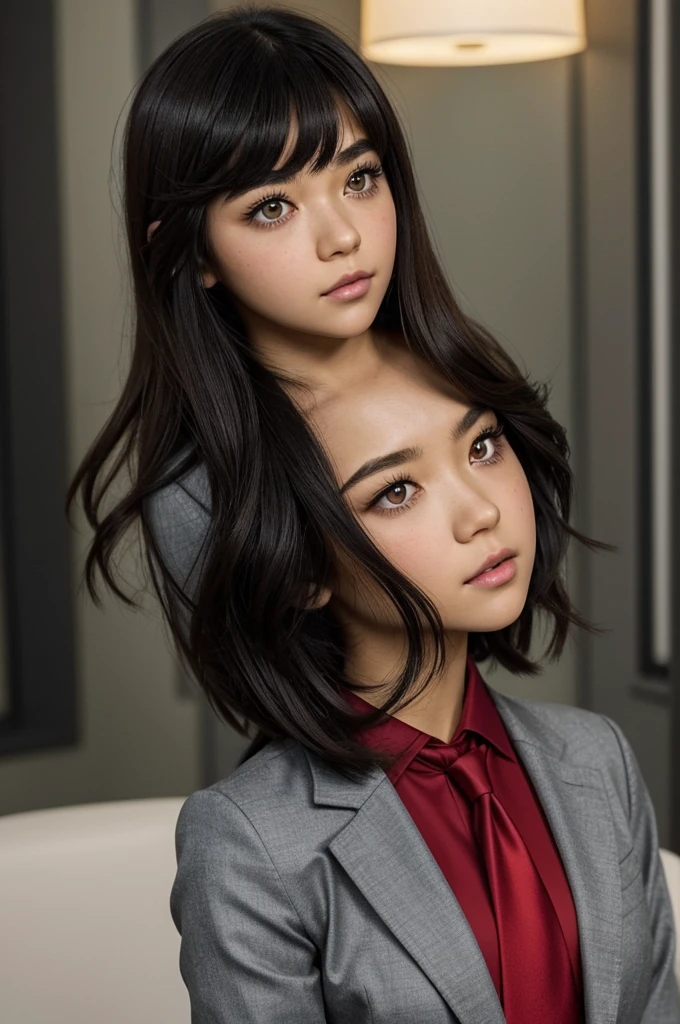 {{{sincos (sincos), Kuvshinov Iliá (Kuvshinov Iliá), no human}}}, 1 girl Capture from Bokuno Hero Academy, a brunette girl, slanted and large outlined eyes, golden eye color, a mole on the right cheek straight black hair, gray jacket red tie, may he be happy