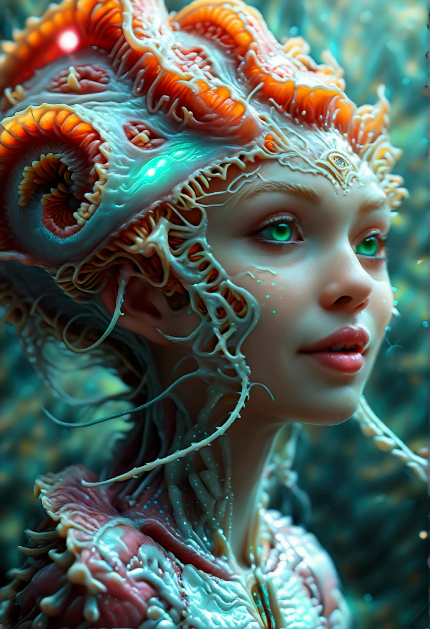 (A portrait of one beautiful and obscene female alien who is a young teenager:1.4), ((There is a female genital-like organ in the middle of her forehead:1.8)), (realistic face:1.2), (Numerous award-winning masterpieces, with incredible detail, textures and maximum detail), artistic photography, midnight aura, unreal engine 5, Ultra Sharp Focus, art by Amano Yoshitaka, ArtGerm, Roisch, intricate artwork, ultra realistic realism, high resolution, High freshness, drawing faithfully, official art, Unity 8K Wall paper, ultra detailed artistic photography, dream-like, Creation of fantasy, dream Snail, (biopunk nautilus:1.3),Thrilling color schemes, seductively smiling, Amazing mutation, well-proportioned body, goddess of the deep sea, fractal, Geometric pattern, impossible figures, (translucent white tentacles with luminescent organs:1.4), subtle emerald green accents, (smiling seductively:1.3),(She has the most beautiful face in the history of the universe:1.5), Penelope Cruz, (she is looking down at viewers with glowing iridescent eyes with no pupils:1.3), an evil gaze that seduces, cinematic lighting, (Vampire-like long canine teeth can be glimpsed through the gap between the cute lips:1.3), in the hall of the palace, Sweet breath is exhaling from beautiful lips, ecstatic expression, (Climax expression during intercourse:1.5)