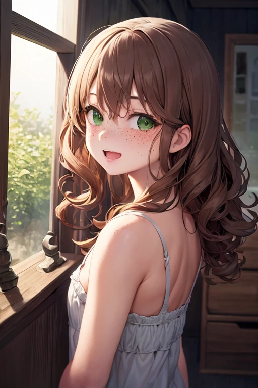 ((best quality)), ((masterpiece)), (detailed), 1girl, A 5 years old, curly brown hair, green eyes, light freckles, happy.