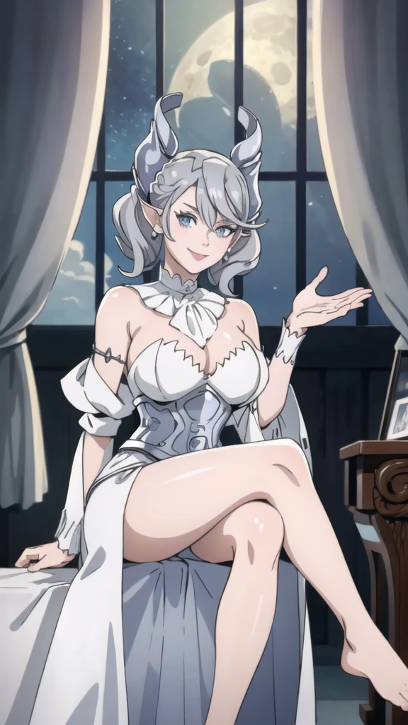 Beautiful arts wallpaper moonlight Outside castle top  High level image quality　best image quality　8K　 adult woman   silver castle hall  more colors   whole body view　portrait　 wearing pure white Goddess dress  　horn    ears  　short hair（（shortcut）（gray hair）（perm）（fluffy））　eye color is blue ,   evil face , face detailed , face fixed , smile      ,  labrynth       , barefoot , teasing with her breast,   , sitting with crossed legs on piano , looking at the windows , stovie , crystal chandaglier , white curtains 