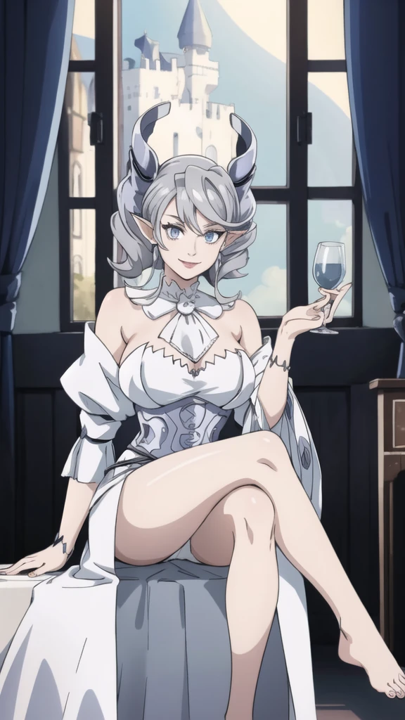 Beautiful arts wallpaper moonlight Outside castle top  High level image quality　best image quality　8K　 adult woman   silver castle hall  more colors   whole body view　portrait　 wearing pure white Goddess dress  　horn    ears  　short hair（（shortcut）（gray hair）（perm）（fluffy））　eye color is blue ,   evil face , face detailed , face fixed , smile      ,  labrynth       , barefoot , teasing with her breast,   , sitting with crossed legs on piano , looking at the windows , stovie , crystal chandaglier , white curtains 