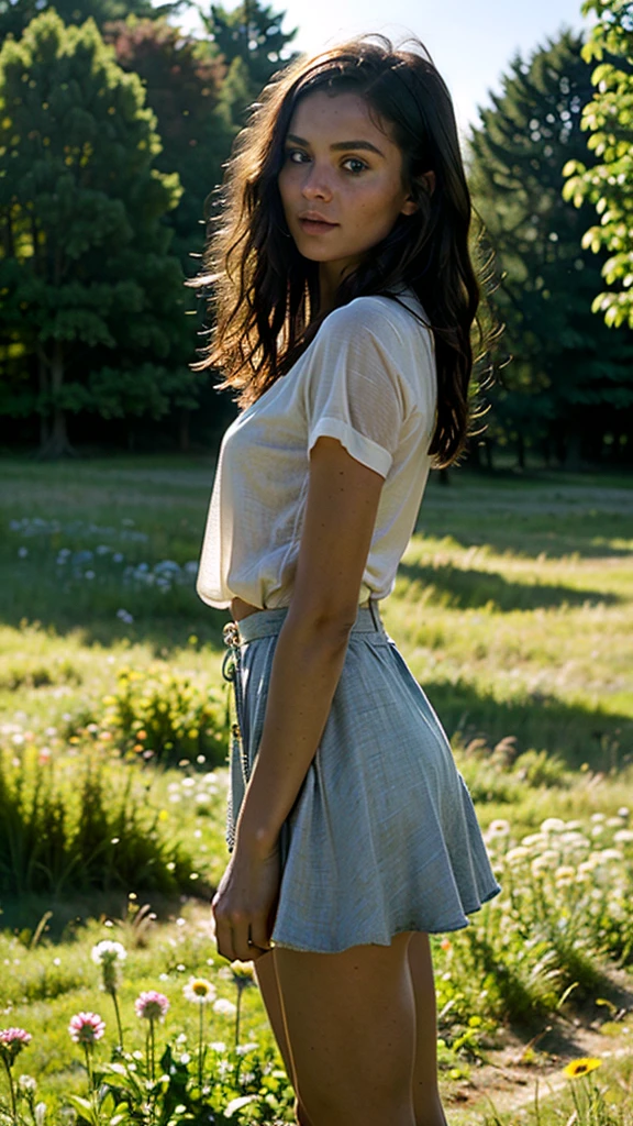 young woman:
young, beautiful, with pleasant facial features.
Dressed in a short skirt, which highlights her legs.
Her clothes and appearance can be elegant, sporty or casual - depending on your idea.
Her gaze may be directed somewhere into the distance, or she can look directly at the viewer, creating a sense of mystery.
A meadow:
Bright, Sunny glade, covered with many flowers.
Colors can be bright and contrasting, For example, blue, yellow, red.
You can add a variety of colors, For example, Wild Flowers, daisies, troubles.
atmosphere:
The combination of a bright and sunny meadow atmosphere with mystery.
The sky may be clear and blue, but with nebula, creating a sense of depth and mystery.
Lighting can be warm and soft, creating the effect of a sunny day.
Additional details:
young woman может быть окружена бабочками, birds, or other elements, which will emphasize the beauty and charm of the meadow.
You can add fantasy elements:
Flying flowers Sparkling dew drops Mythical creatures