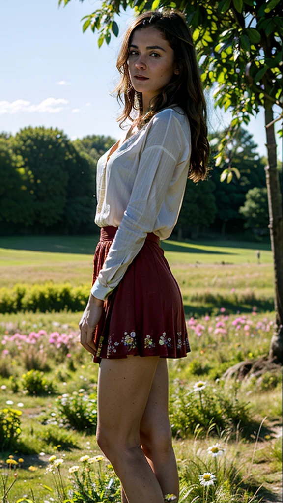 young woman:
young, beautiful, with pleasant facial features.
Dressed in a short skirt, which highlights her legs.
Her clothes and appearance can be elegant, sporty or casual - depending on your idea.
Her gaze may be directed somewhere into the distance, or she can look directly at the viewer, creating a sense of mystery.
A meadow:
Bright, Sunny glade, covered with many flowers.
Colors can be bright and contrasting, For example, blue, yellow, red.
You can add a variety of colors, For example, Wild Flowers, daisies, troubles.
atmosphere:
The combination of a bright and sunny meadow atmosphere with mystery.
The sky may be clear and blue, but with nebula, creating a sense of depth and mystery.
Lighting can be warm and soft, creating the effect of a sunny day.
Additional details:

young woman может быть окружена бабочками, birds, or other elements, which will emphasize the beauty and charm of the meadow.
You can add fantasy elements:
Flying flowers Sparkling dew drops Mythical creatures