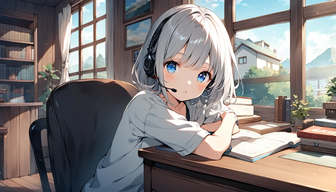 ghibli style, Hayao Miyazaki, blue eyes, gray hair, Sky background outside the window, looking the viewer, shirt, Short hair, modern style house, solo, upper body, portrait of, sit at the desk and study, sweet girl wearing headset, Lots of books in the room
