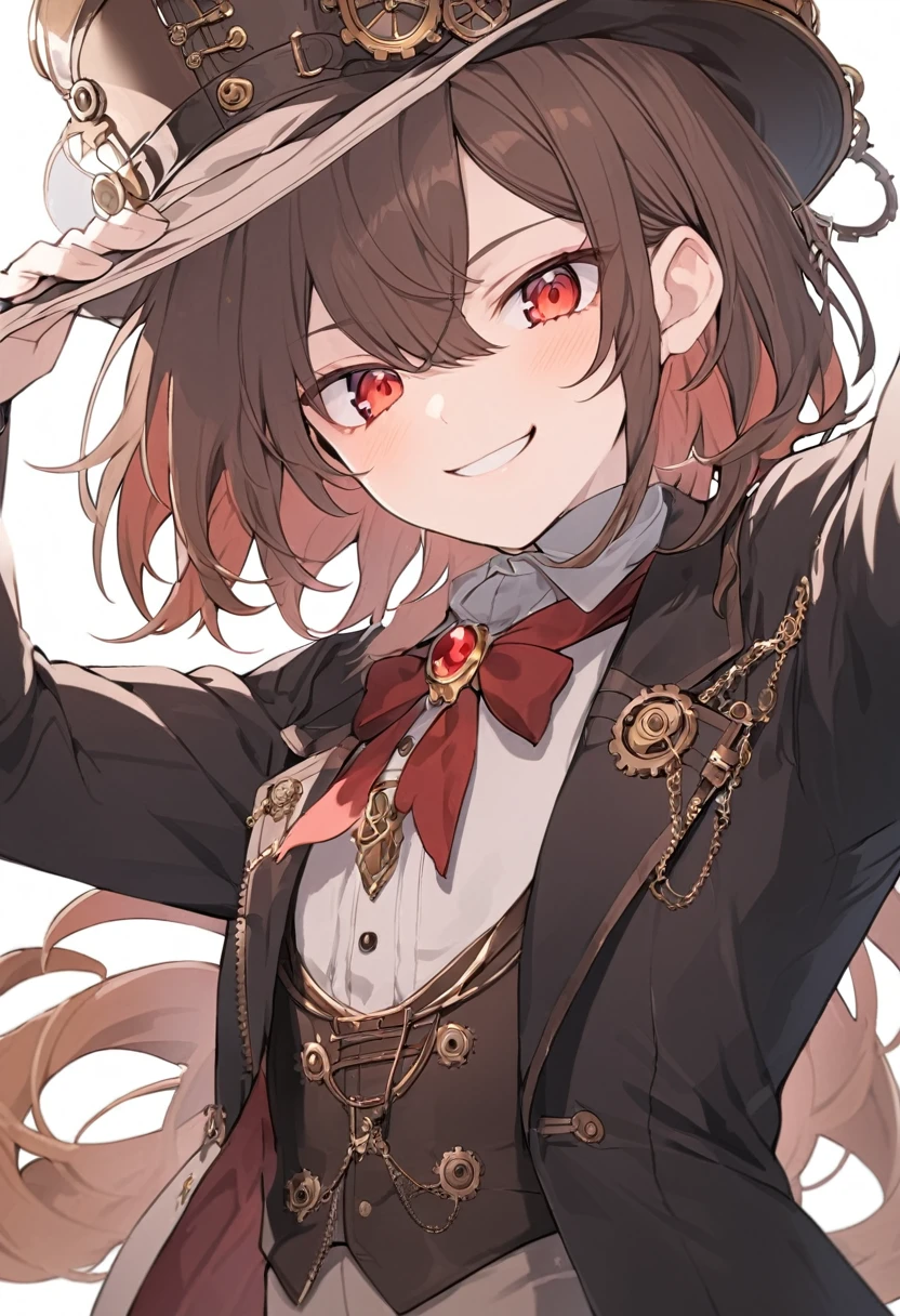 steampunk，1 male，silk hat，short hair，Red eyes，Brown Hair，tuxedo，Red brooch，An innocent smile，