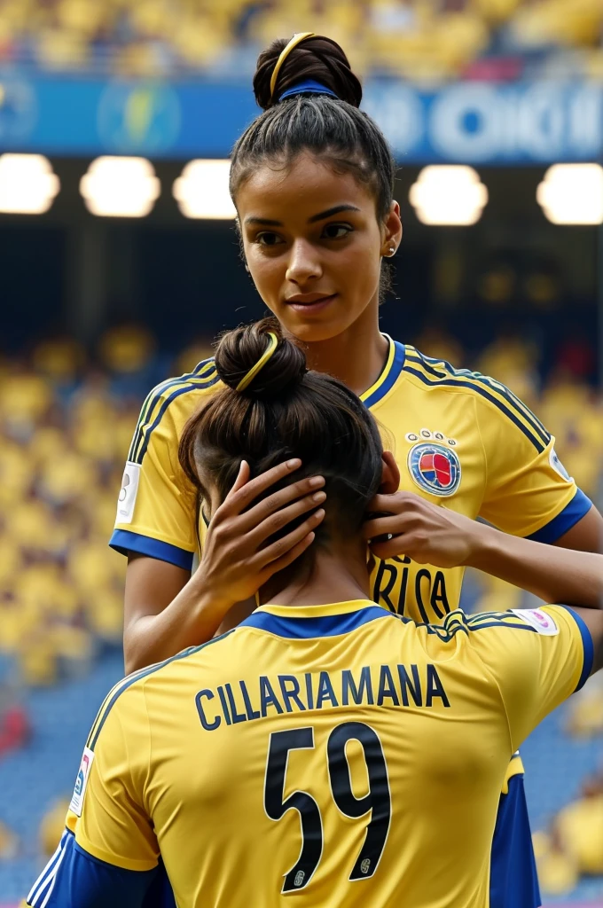 A woman with a Colombia shirt, that he is on his back, hair tied, that the shirt has the number 6 that says Andre and that it is in the stadium