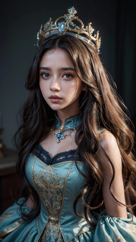 1girl, brown skinned girl, long curly hair, long hair, wearing blue and white dress, black eyes, medieval crown, medieval, detailed portrait, high quality, 8k, photorealistic, hyper detailed, dramatic lighting, cinematic, vibrant colors, fantasy, intricate details, ornate, elegant, serene expression