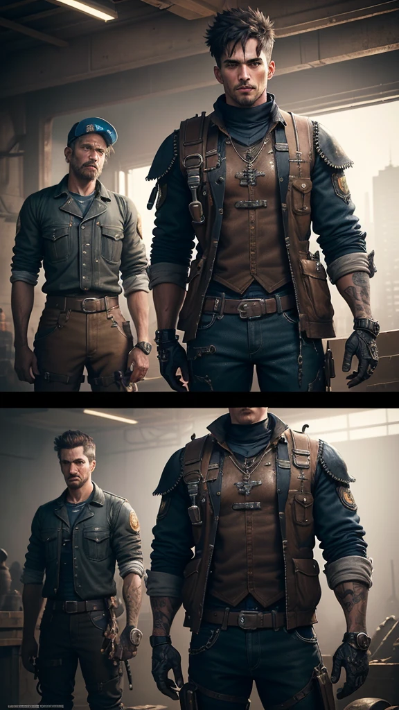 5 worn, dirty mechanical worker characters in normal clothes, black and blue color scheme, variety of colors and styles, detailed mechanical functions, highly detailed, cinematic, dramatic lighting, gritty, photorealistic, intricate machinery, complex gears and mechanisms, industrial, steampunk, moody, realistic textures, high quality