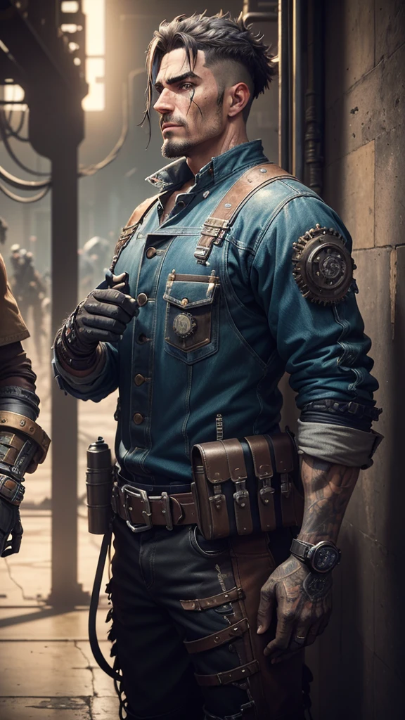 5 worn, dirty mechanical worker characters in normal clothes, black and blue color scheme, variety of colors and styles, detailed mechanical functions, highly detailed, cinematic, dramatic lighting, gritty, photorealistic, intricate machinery, complex gears and mechanisms, industrial, steampunk, moody, realistic textures, high quality