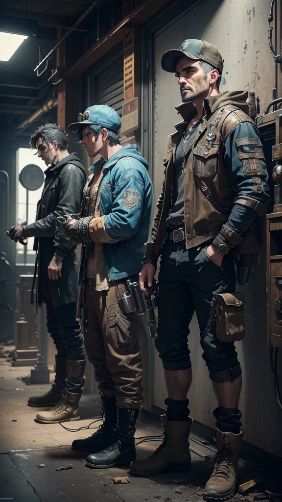 5 worn, dirty mechanical worker characters in normal clothes, black and blue color scheme, variety of colors and styles, detailed mechanical functions, highly detailed, cinematic, dramatic lighting, gritty, photorealistic, intricate machinery, complex gears and mechanisms, industrial, steampunk, moody, realistic textures, high quality