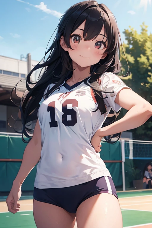 A beautiful young girl in a volleyball uniform, long flowing hair, big bright eyes, cute smile, athletic posture, outdoor volleyball court background, natural sunlight, vibrant colors, highly detailed, photorealistic, cinematic lighting, 8k, best quality, masterpiece