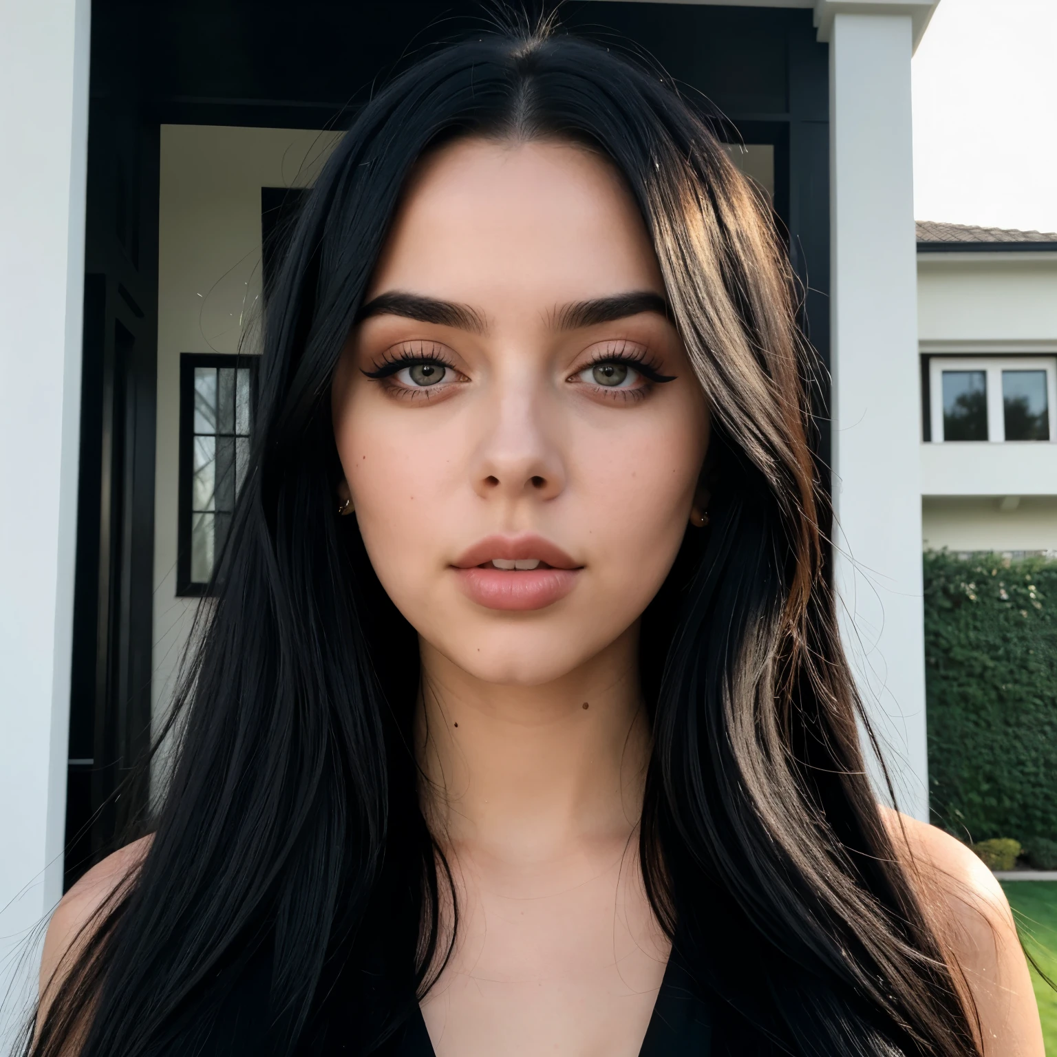professional photo of a 27 year old rich woman, in front of a luxurious house, with a face similar to Billie Eilish with black eyes, dark shaped eyes, makeup on black eyelids, and black eyeliner, with long black hair and striking look, in luxurious sexy black dress.