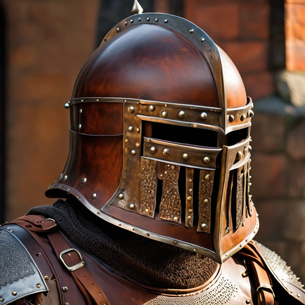 a close up of a helmet with a leather face and a metal studded band, large crown helmet, helm, intriguing helmet, medieval leather armour, lightweight leather armour, viking armor, brown leather armor, leather armored, iron helmet, iron helm, detailed viking armor, helmet, knight helmet, heavy knight helmet, leather armour, leather clothes under the armor, horned helmet
