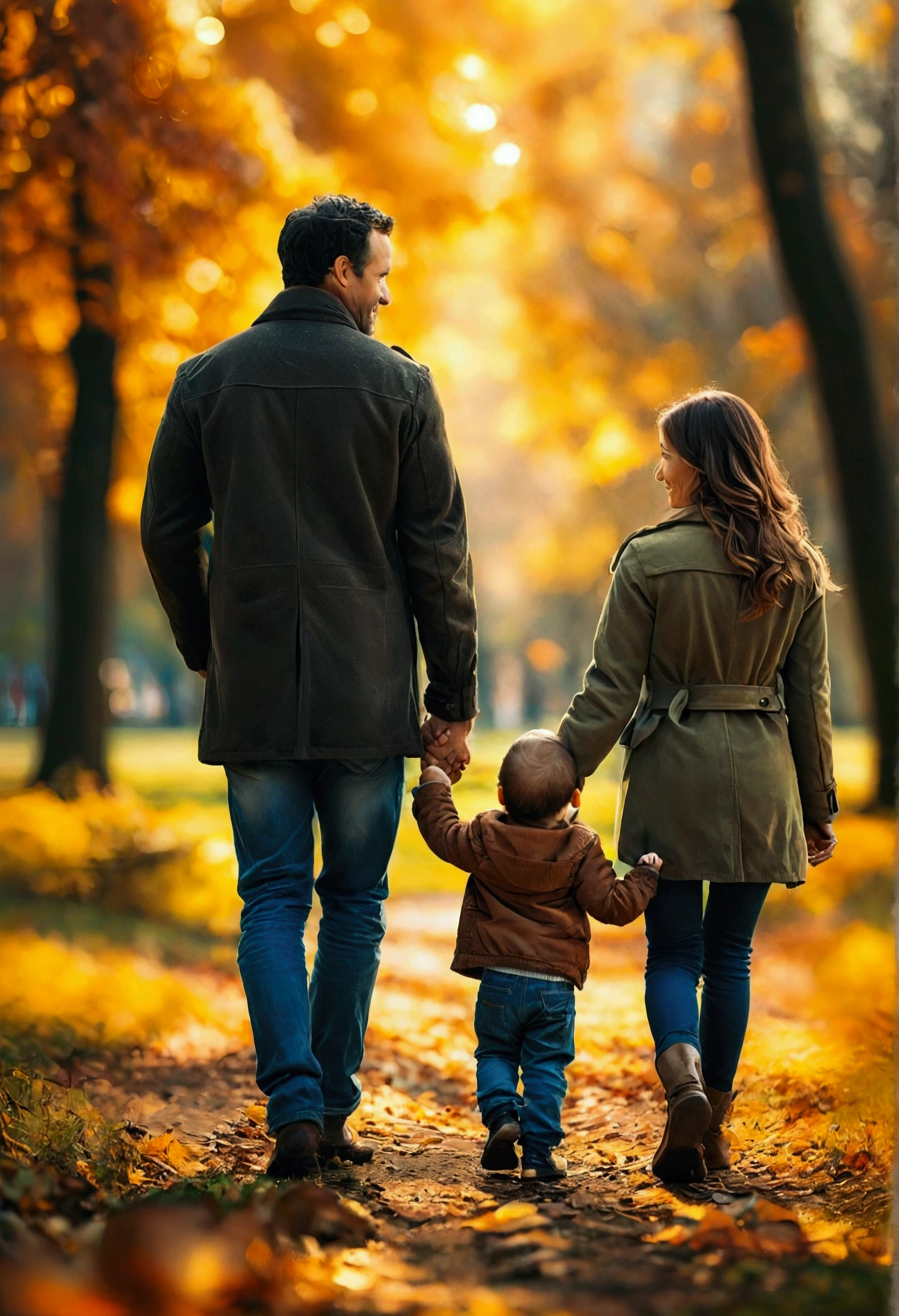 Create an image of a father, mother and a 2-year-old boy holding hands in a park