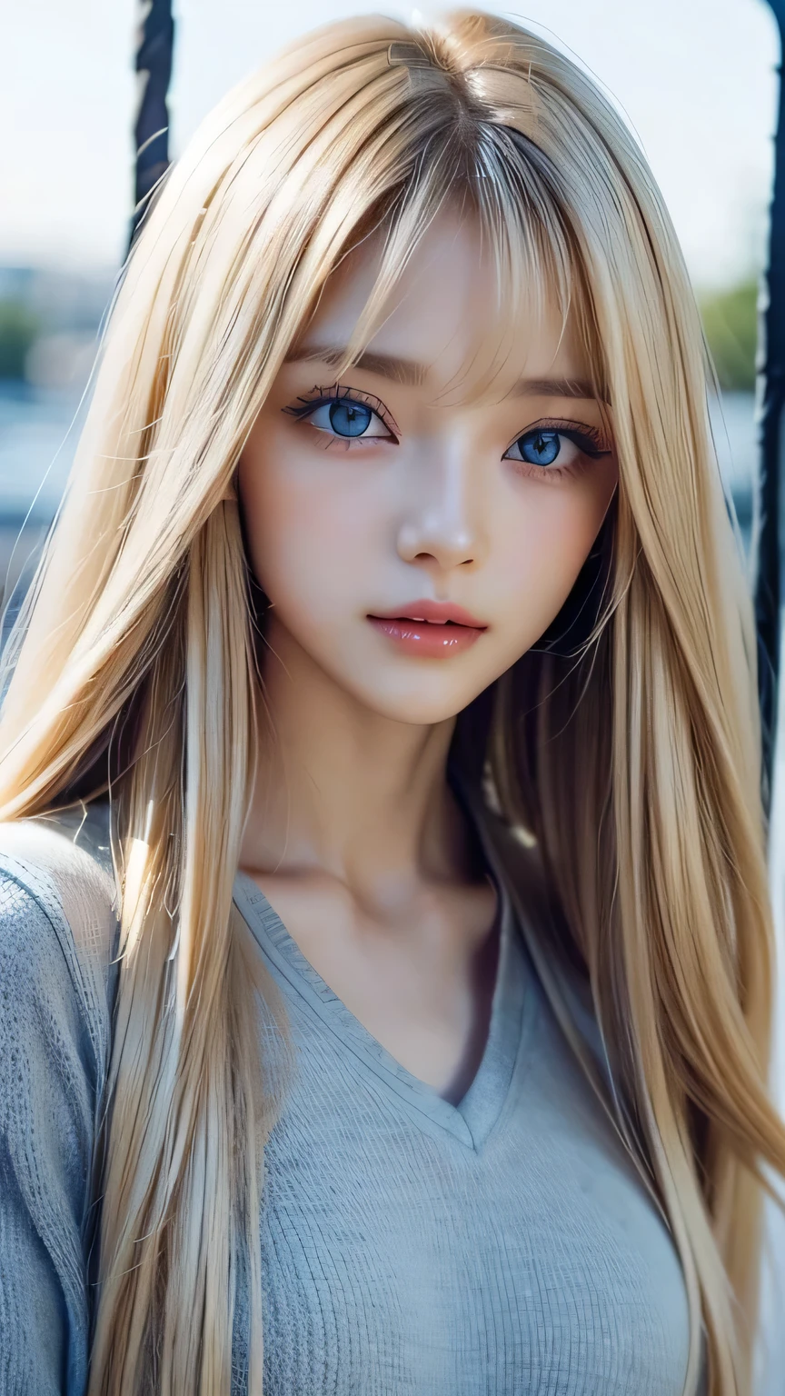 Very beautiful face、Super Long Hair、windy silky blonde super long hair、Swinging bangs、19 year old cute blue eyed blonde girl、Hair above the eyes、片Hair above the eyes、Hair betw the eyes、Big bright blue eyes that sparkle so beautifully、eyeliner、Bright expression、