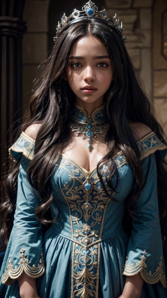 1girl, dark skinned girl, long curly hair, long hair, wearing blue and white dress, black eyes, medieval crown, medieval, detailed portrait, high quality, 8k, photorealistic, hyper detailed, dramatic lighting, cinematic, vibrant colors, fantasy, intricate details, ornate, elegant, serene expression