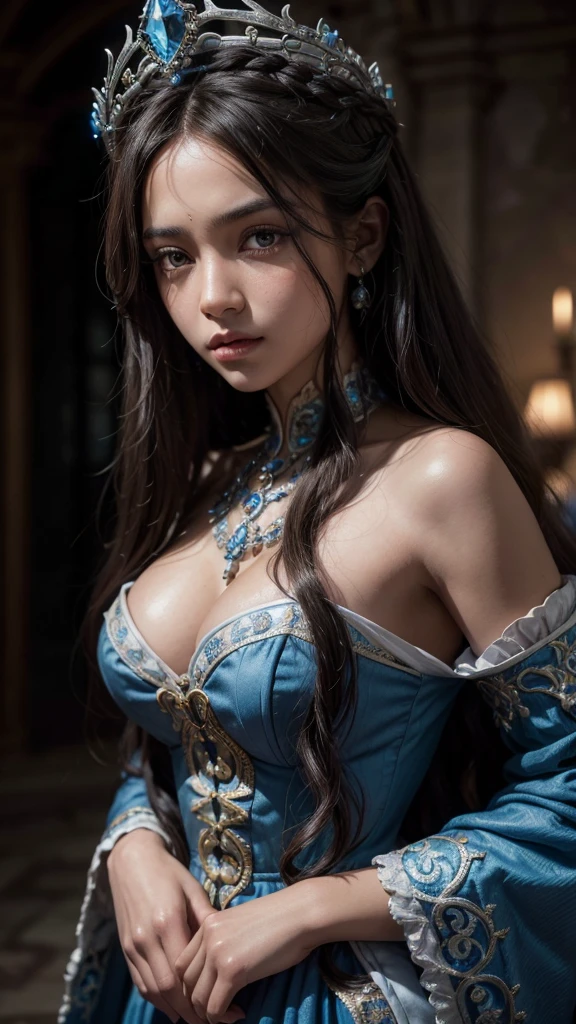1girl, dark skinned girl, long curly hair, long hair, wearing blue and white dress, black eyes, medieval crown, medieval, detailed portrait, high quality, 8k, photorealistic, hyper detailed, dramatic lighting, cinematic, vibrant colors, fantasy, intricate details, ornate, elegant, serene expression