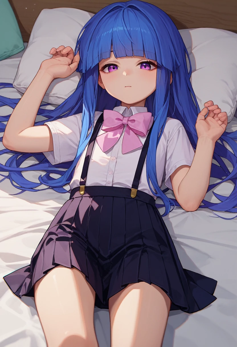score_9, score_8_up, score_7_up, source_anime, 1girl, furude rika, blue hair, purple eyes, white shirt, pink bow, suspenders, black skirt, on back, bed,
