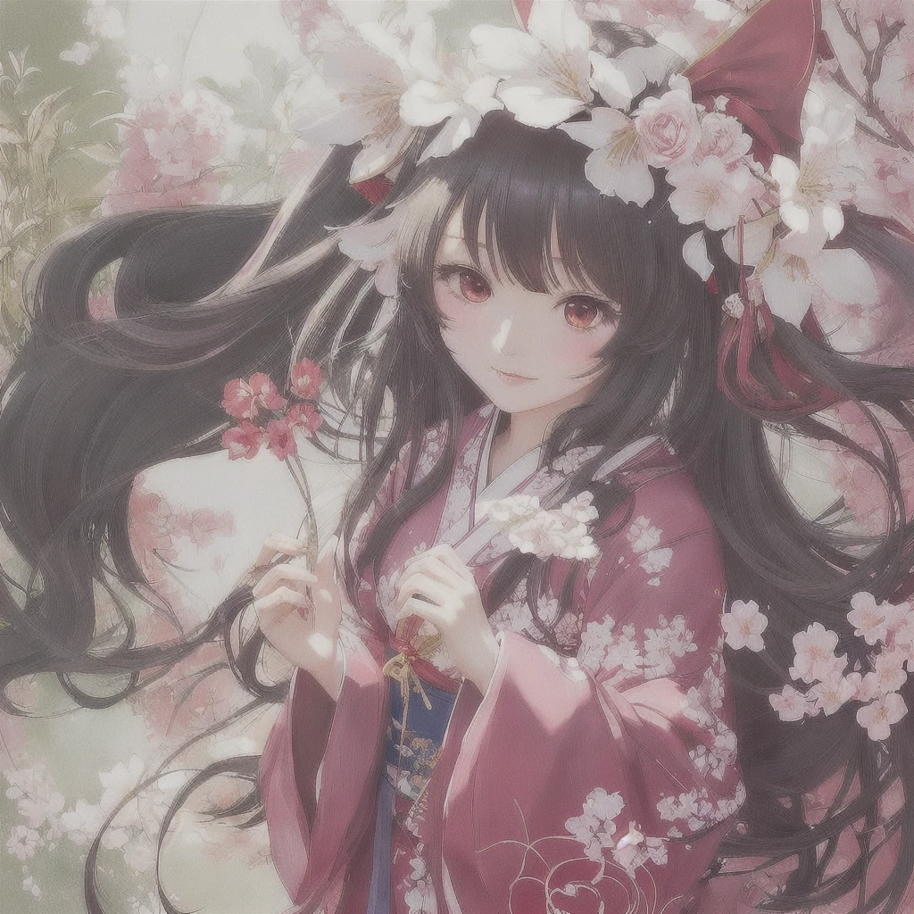 Anime girl in a kimono holding a flower in her hand, Beautiful anime artwork, Gwaiz, Artistic rendering of Reimu Hakurei, Soft anime illustration, Beautiful anime art, artwork in the style of Gwaiz, Beautiful artwork illustration, Anime fantasy illustration, Digital art on pixiv, anime art wallpaper 4k, anime art wallpaper 4k