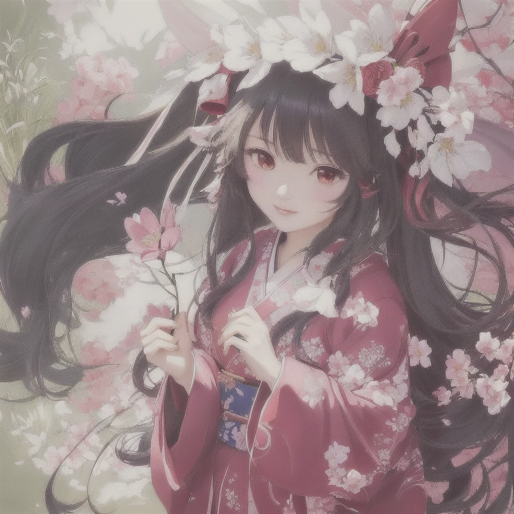 Anime girl in a kimono holding a flower in her hand, Beautiful anime artwork, Gwaiz, Artistic rendering of Reimu Hakurei, Soft anime illustration, Beautiful anime art, artwork in the style of Gwaiz, Beautiful artwork illustration, Anime fantasy illustration, Digital art on pixiv, anime art wallpaper 4k, anime art wallpaper 4k