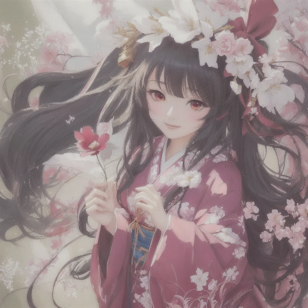Anime girl in a kimono holding a flower in her hand, Beautiful anime artwork, Gwaiz, Artistic rendering of Reimu Hakurei, Soft anime illustration, Beautiful anime art, artwork in the style of Gwaiz, Beautiful artwork illustration, Anime fantasy illustration, Digital art on pixiv, anime art wallpaper 4k, anime art wallpaper 4k