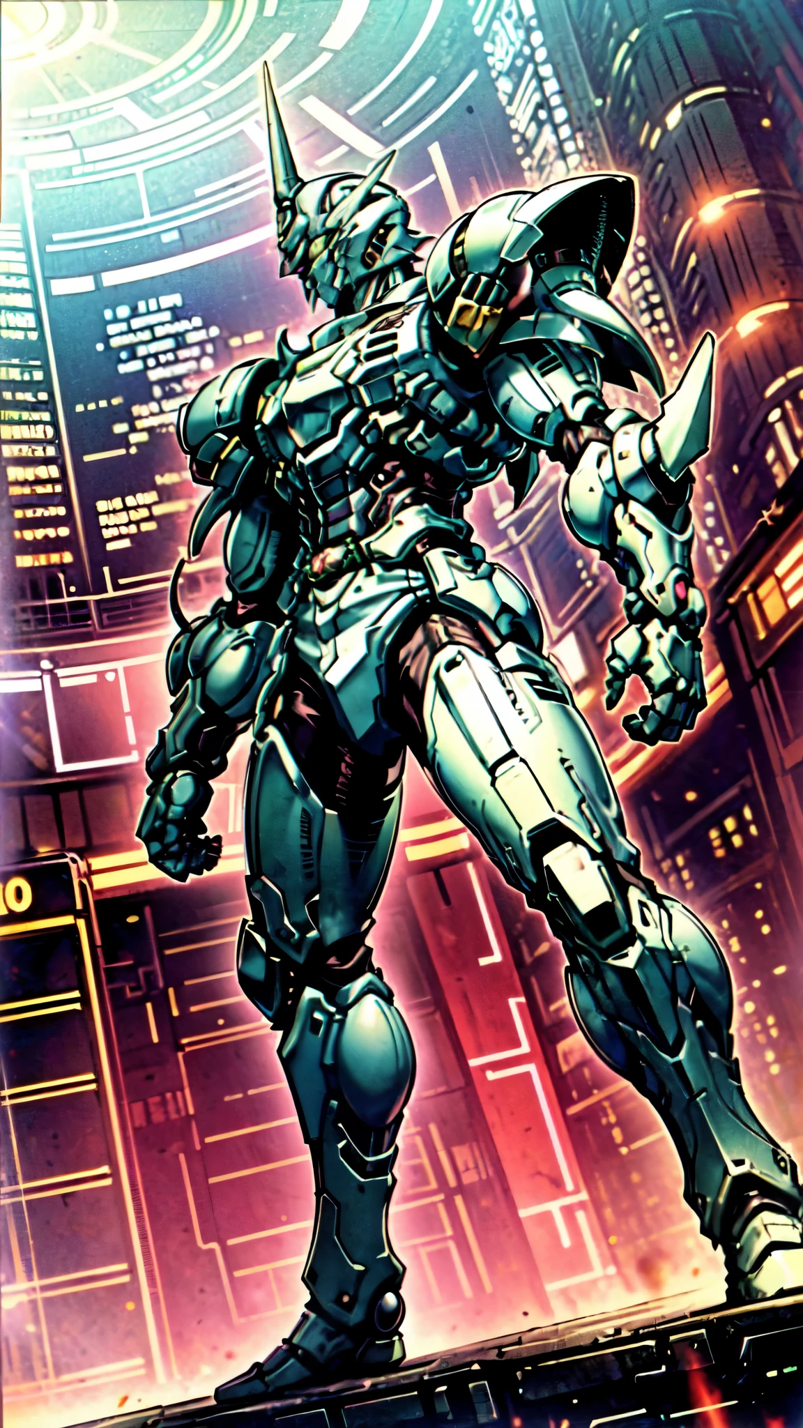 (masterpiece:1.5, best quality:1.5, extremely delicate:1.5, foreshortening:1.5, dynamic angle:1.5), a man wearing a full-face helmet, a fantasy-style biotech armored combat suit, green eyes, (a composite layered chest armor), fully enclosed shoulder guards, matching arm and leg guards, the belt is adorned with neon circuitry, (the color scheme is primarily red glow with white and green accents), the design balances heavy with agility, a high-tech bio-mecha armor, (Armor Concept Inspired by neon Cyberpunk, stand on the top of a skyscraper in a futuristic sci-fi city), this character embodies a finely crafted fantasy-surreal style armored hero in anime style, exquisite and mature manga art style, (element, plasma, energy, the armor glows), ((male:1.5)), metallic, high definition, highres, ultra-detailed, ultra-fine painting, professional, perfect body proportions, golden ratio, anatomically correct, symmetrical face, extremely detailed eyes and face, high quality eyes, creativity, RAW photo, UHD, 32k, Natural light, cinematic lighting, masterpiece-anatomy-perfect