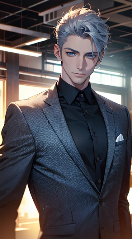 (best quality,4k,8k,highres,masterpiece:1.2),ultra-detailed,(realistic,photorealistic,photo-realistic:1.37),1 man,31 years old,mature man,very handsome,without expression,smile,short grey blue hair,blue eyes,penetrating gaze,perfect face without errors,imposing posture,businessman,office background,cinematic lighting,hdr image