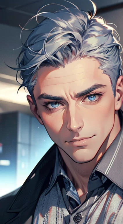 (best quality,4k,8k,highres,masterpiece:1.2),ultra-detailed,(realistic,photorealistic,photo-realistic:1.37),1 man,31 years old,mature man,very handsome,without expression,smile,short grey blue hair,blue eyes,penetrating gaze,perfect face without errors,imposing posture,businessman,office background,cinematic lighting,hdr image