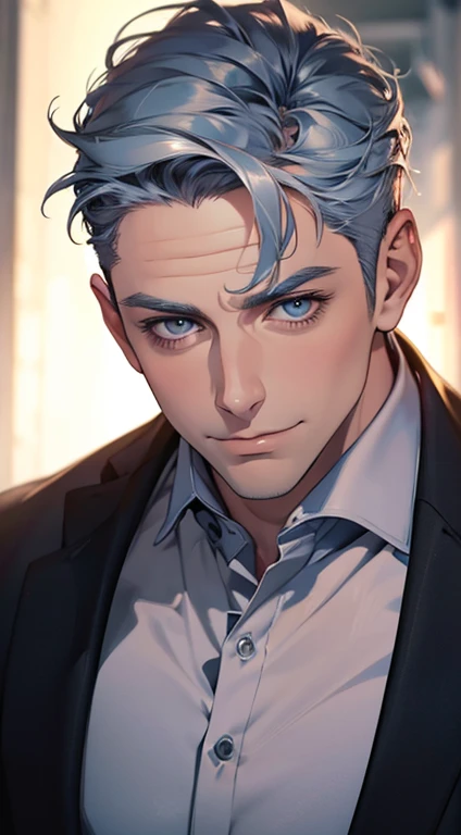 (best quality,4k,8k,highres,masterpiece:1.2),ultra-detailed,(realistic,photorealistic,photo-realistic:1.37),1 man,31 years old,mature man,very handsome,without expression,smile,short grey blue hair,blue eyes,penetrating gaze,perfect face without errors,imposing posture,businessman,office background,cinematic lighting,hdr image
