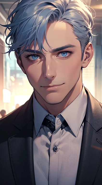 (best quality,4k,8k,highres,masterpiece:1.2),ultra-detailed,(realistic,photorealistic,photo-realistic:1.37),1 man,31 years old,mature man,very handsome,without expression,smile,short grey blue hair,blue eyes,penetrating gaze,perfect face without errors,imposing posture,businessman,office background,cinematic lighting,hdr image