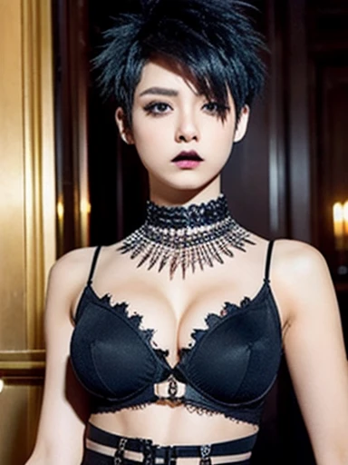 1girl, goth, goth makeup, short hair, spiked hair, spiky hair, big breasts, spiked choker, indoors