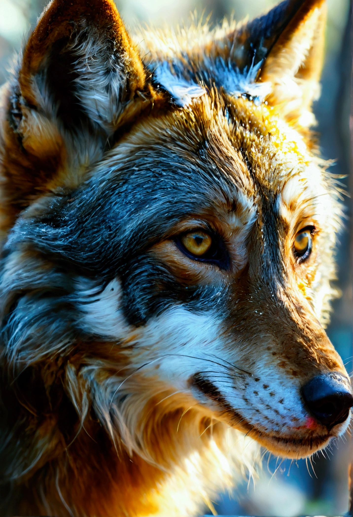 about wolvrine, portraite, fot, realisitic, luxury, golden ray , spring 85, eyes locked, kindness dear