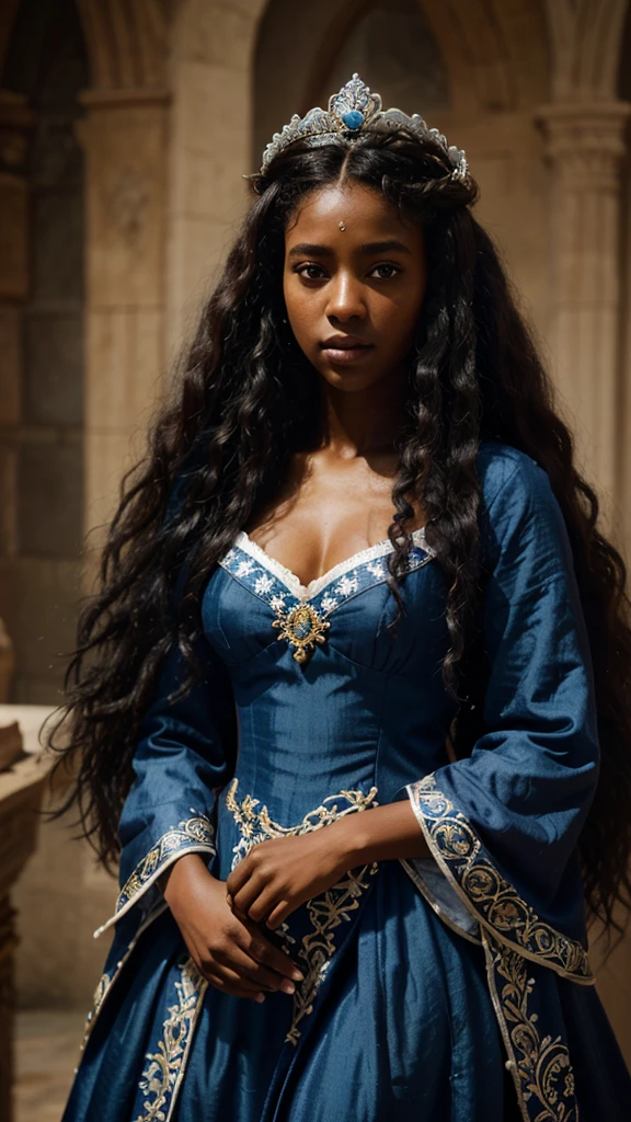 1girl, dark skinned girl, long curly hair, afro hair, long hair, wearing blue and white dress, black eyes, medieval crown, medieval, detailed portrait, high quality, 8k, photorealistic, hyper detailed, dramatic lighting, cinematic, vibrant colors, fantasy, intricate details, ornate, elegant, regal, serene expression