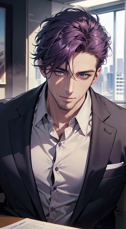 (best quality,4k,8k,highres,masterpiece:1.2),ultra-detailed,(realistic,photorealistic,photo-realistic:1.37),1 man,31 years old,mature man,very handsome,without expression,smile,short purple hair,blue eyes,penetrating gaze,perfect face without errors,imposing posture,businessman,office background,cinematic lighting,hdr image