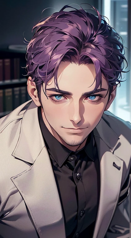 (best quality,4k,8k,highres,masterpiece:1.2),ultra-detailed,(realistic,photorealistic,photo-realistic:1.37),1 man,31 years old,mature man,very handsome,without expression,smile,short purple hair,blue eyes,penetrating gaze,perfect face without errors,imposing posture,businessman,office background,cinematic lighting,hdr image