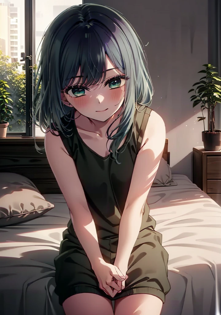 akanekurokawa, akane kurokawa, bangs, (Green Eyes:1.3), Blue Hair, Long Hair, dark Blue Hair,Black Tank Top,String Underwear,barefoot,Sitting on the bed,Sleepy eyes,smile,blush,morning,morning陽,The sun is rising,So that the whole body goes into the illustration,
break indoors, Bedroom,
break looking at viewer, (Cowboy Shot:1.5),
break (masterpiece:1.2), Highest quality, High resolution, unity 8k wallpaper, (figure:0.8), (Beautiful attention to detail:1.6), Highly detailed face, Perfect lighting, Highly detailed CG, (Perfect hands, Perfect Anatomy),