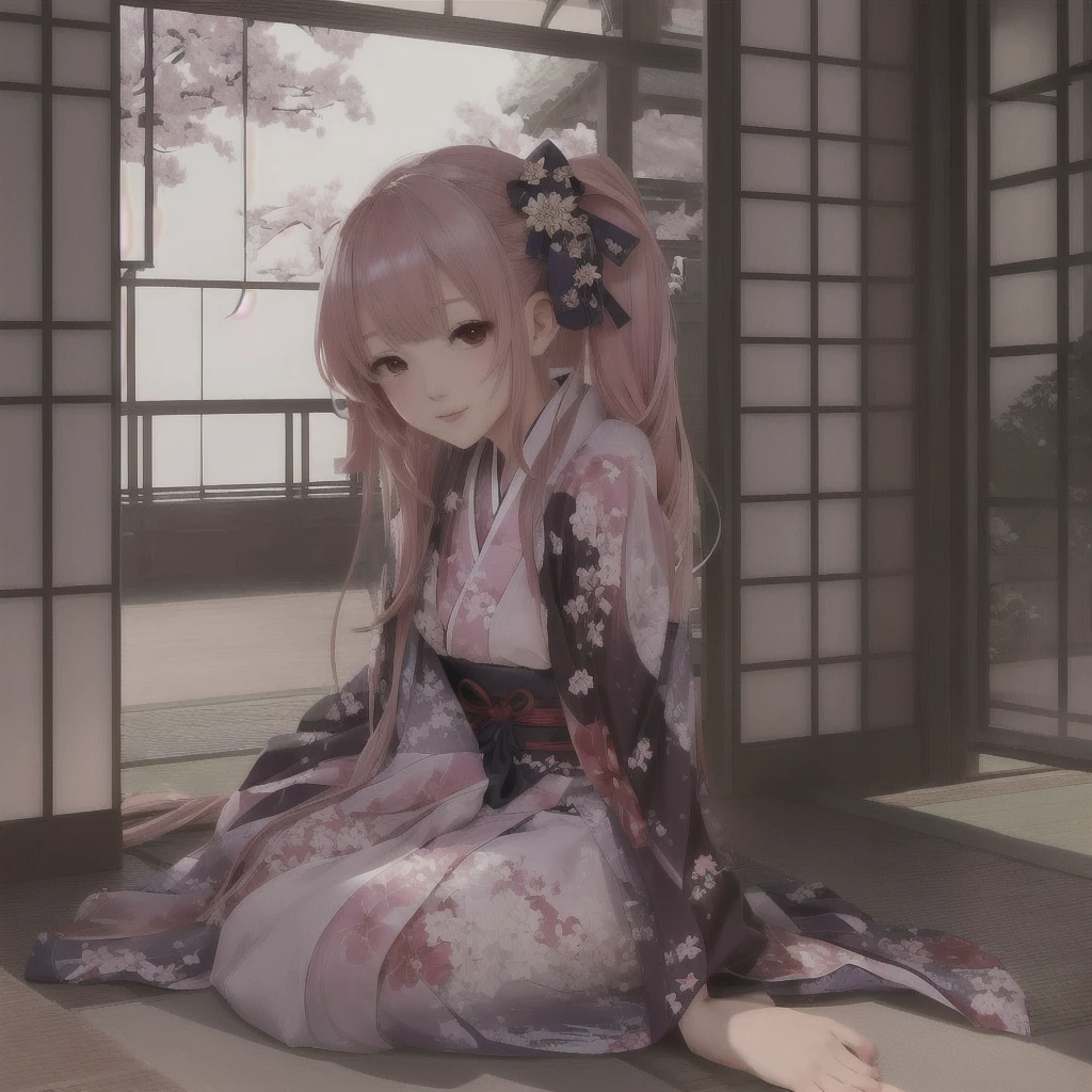 Anime girl sitting on the floor with her legs crossed, Enchanting anime girl, In kimono, Gwaiz on pixiv artstation, Beautiful anime girl crouching, Gwaiz, Cute anime waifu in a nice dress, In kimono, Gwaiz on artstation pixiv, Pixiv 3DCG, artwork in the style of Gwaiz