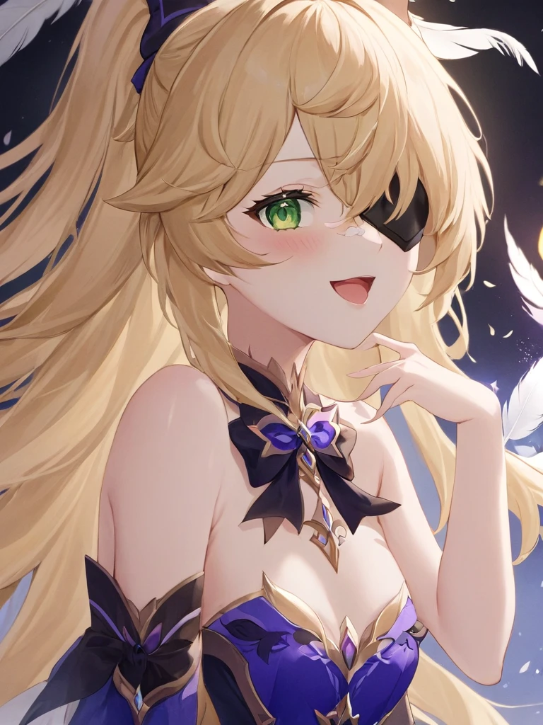 Super detailed,(Highest quality),((masterpiece)),(High resolution),original,Highly detailed 8k wallpaper,(Very delicate and beautiful),Highest_hand,anime,  ୨୧(\Fei Xie L\), One girl, Fischl \(Genshin Impact\), alone, chest, Eye patch, Both sides up, Blonde, Long Hair, Open your mouth, Green Eyes, View your viewers, hand袋, smile, Bare shoulders, feather, bow,((NSFW)),