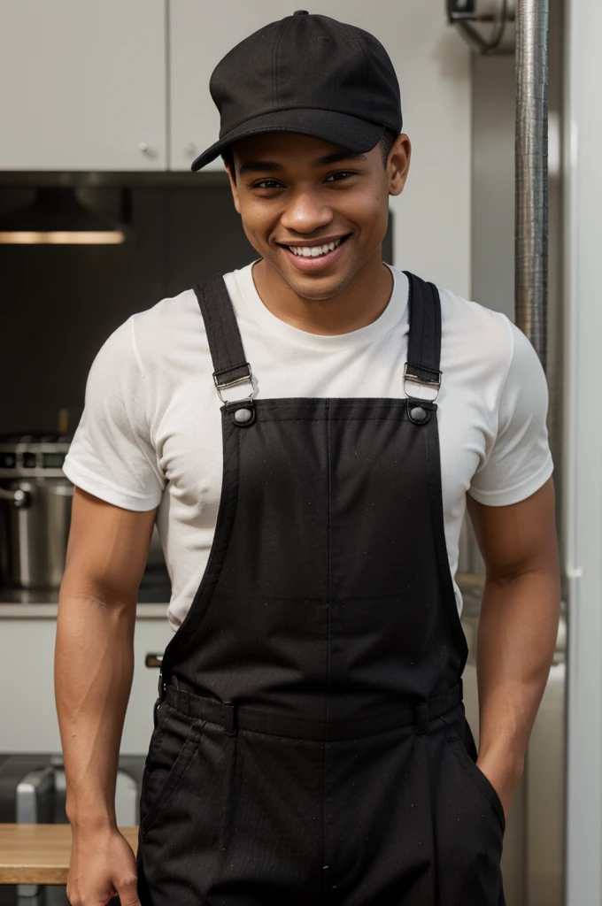 man wearing work overalls , black sport cap , hose ,light skin ,smiling, focusing