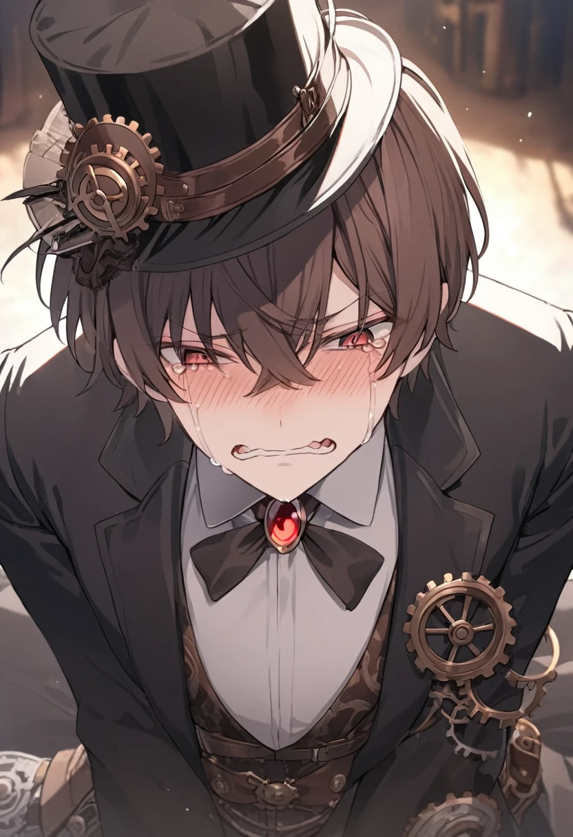 steampunk,1 male,silk hat,short hair,Red eyes,Brown Hair,tuxedo,Red brooch,despair,Crying face,