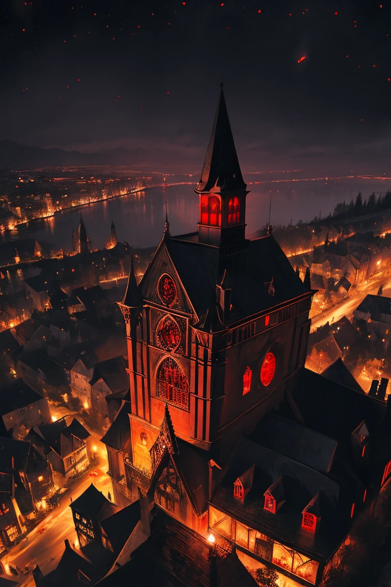 old European village shot with bird view, (Red glowing eyes), masterpiece, Depth of written boundary, Lutz, Gwaites style artwork, Gothic aesthetics, Dark Vampire village, ((in the dark gothic style cathle:1)), ((dark mid-night time:1.5)),
