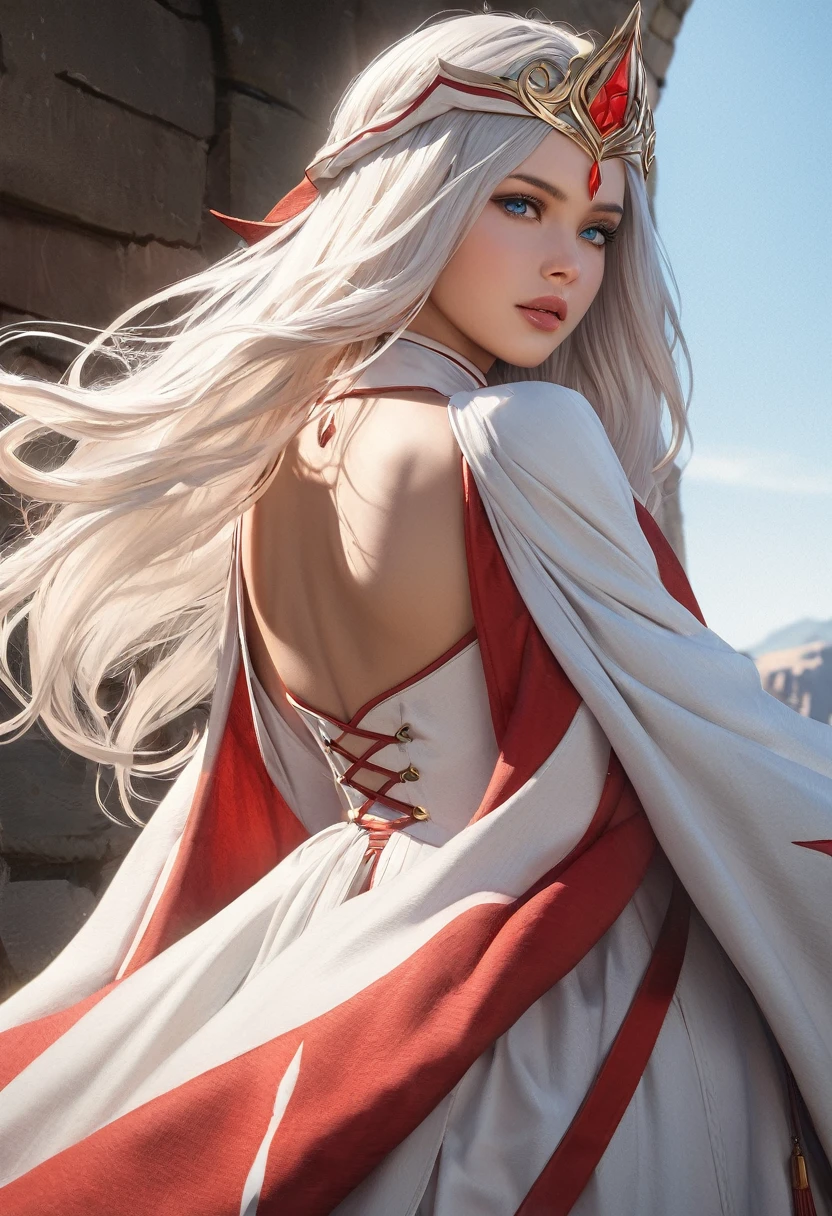 (best quality,4k,8k,highres,masterpiece:1.2), ultra-detailed, (realistic,photorealistic,photo-realistic:1.37),((Highly detailed CG Unity 8k wallpaper)), masterpiece, Super detailed, floating, High resolution, Sexually suggestive, (small, Extremely long white hair, Princess, White Mage, blue eyes, (It has long, wide sleeves and intricate embroidery. A gorgeous layered long dress in white and red with a sheer look), Bridal Veil, Circlet, Bridal Gauntlet, Blushing, shy, arched back, Frilled petticoat, Glamorous corset,