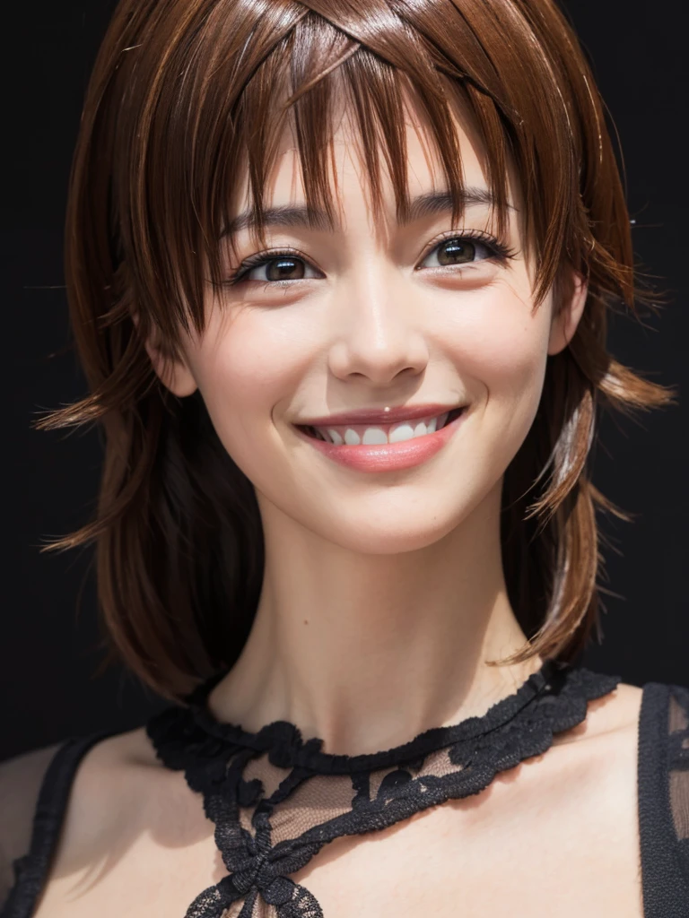 1girl, solo, looking at viewer, smile, bangs, black hair, parted lips, black eyes, lips, black background, portrait