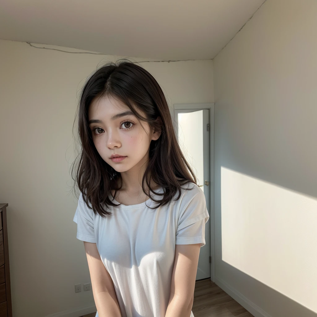 a 22 year old girl, Latina with a thin face and white makeup, clean girl, dark brown hair parted in the middle she is inside her room the color of the wall and an almost white gray 48MP quality size 4:3, natural sunlight 