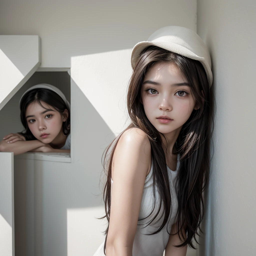 a 22 year old girl, Latina with a thin face and white makeup, clean girl, dark brown hair parted in the middle she is inside her room the color of the wall and an almost white gray 48MP quality size 4:3, natural sunlight