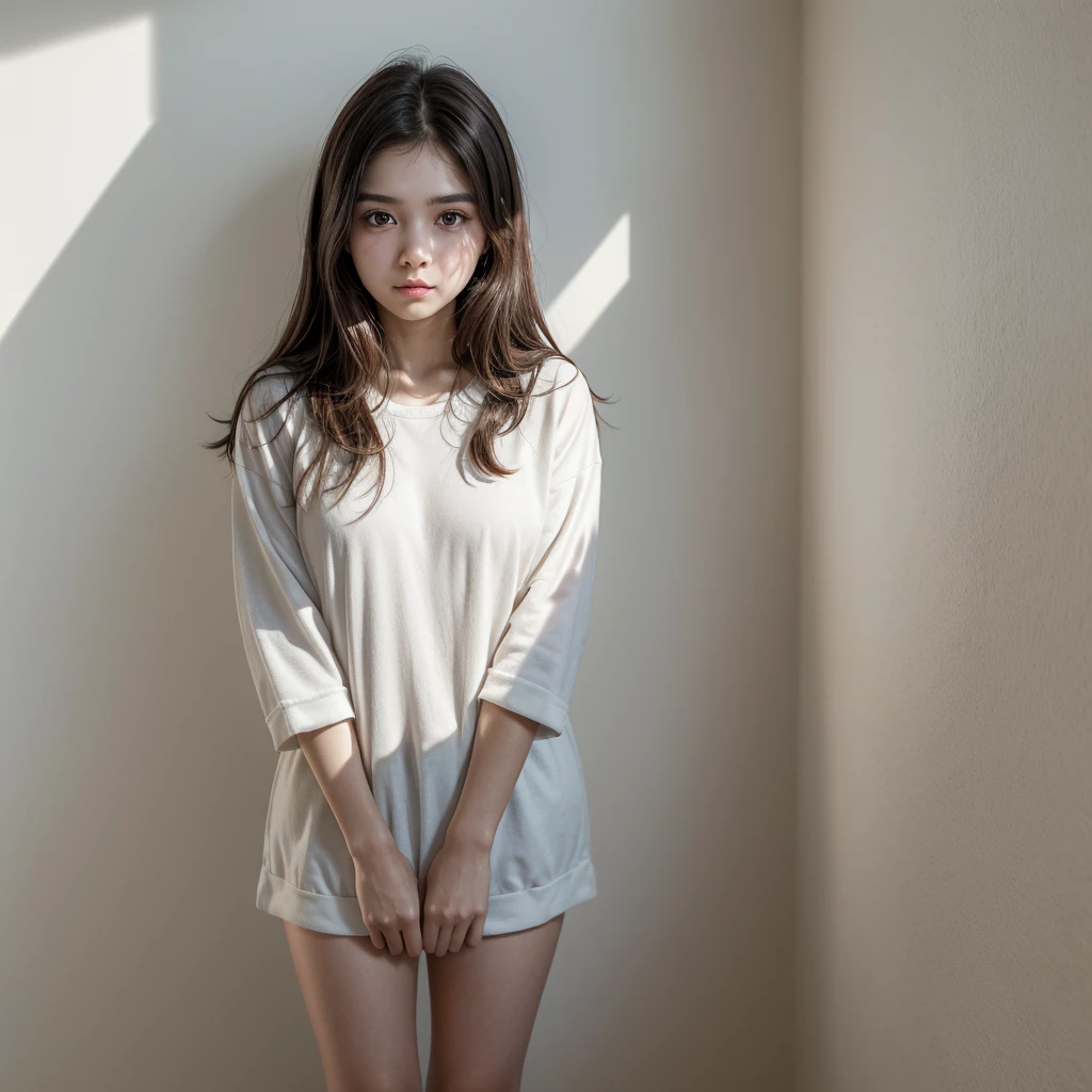 a 22 year old girl, Latina with a thin face and white makeup, clean girl, dark brown hair parted in the middle she is inside her room the color of the wall and an almost white gray 48MP quality size 4:3, natural sunlight