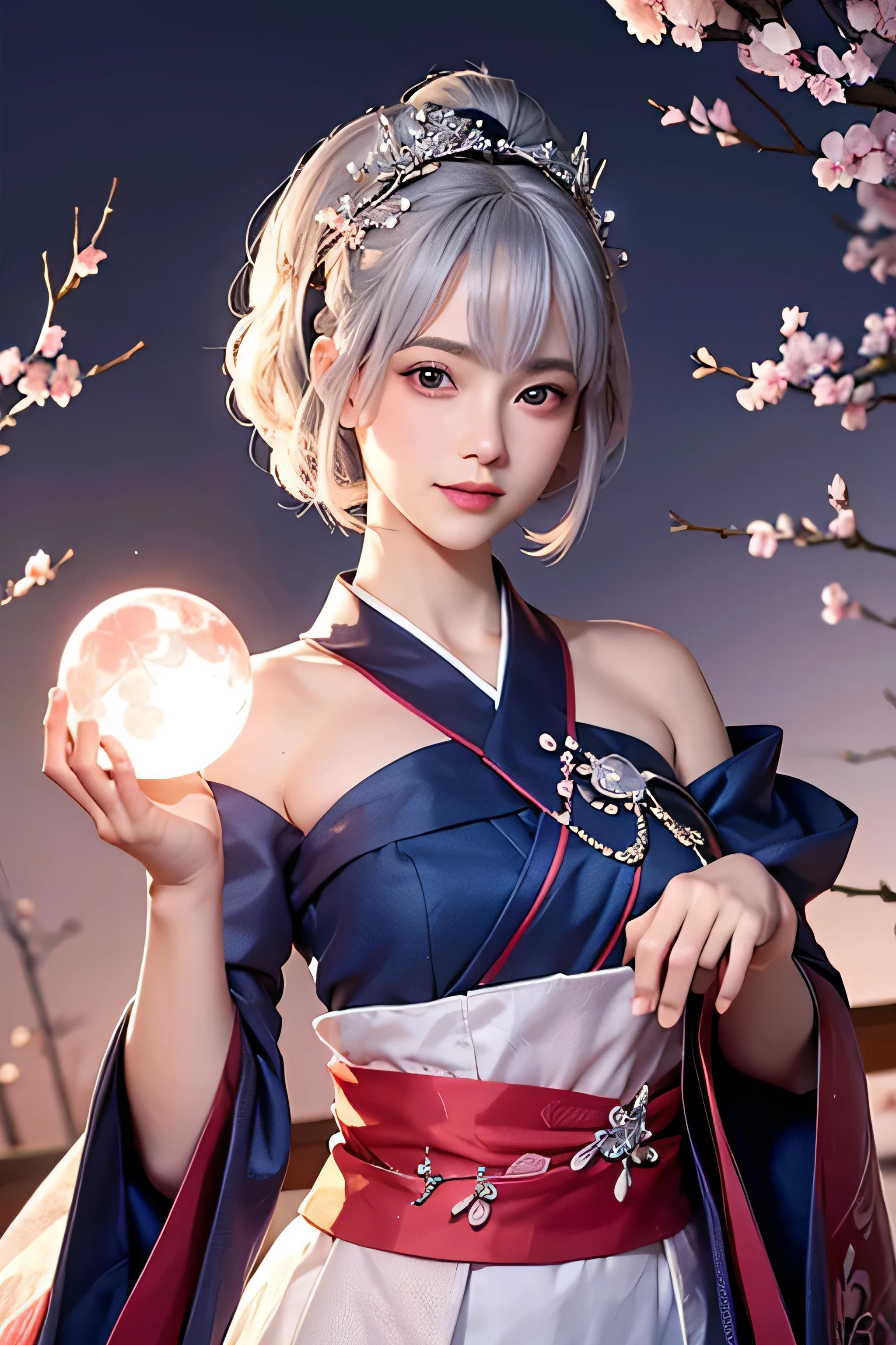 Body facing forward,(Holding a glowing blue crystal ball in each hand)),positive,Front configuration,Upper Body,((Observe the audience)),gorgeous red and black kimono,Cherry Blossom Hair Accessories,length, Short Hair, Silver Hair,Cherry Blossom Hair Accessories,Beautiful and delicate face,blush,Cherry pink eyes,Big eyes,Extremely fine resolution,Highest quality,(Pink Moon),mysterious,Cherry Blossoms at Night
