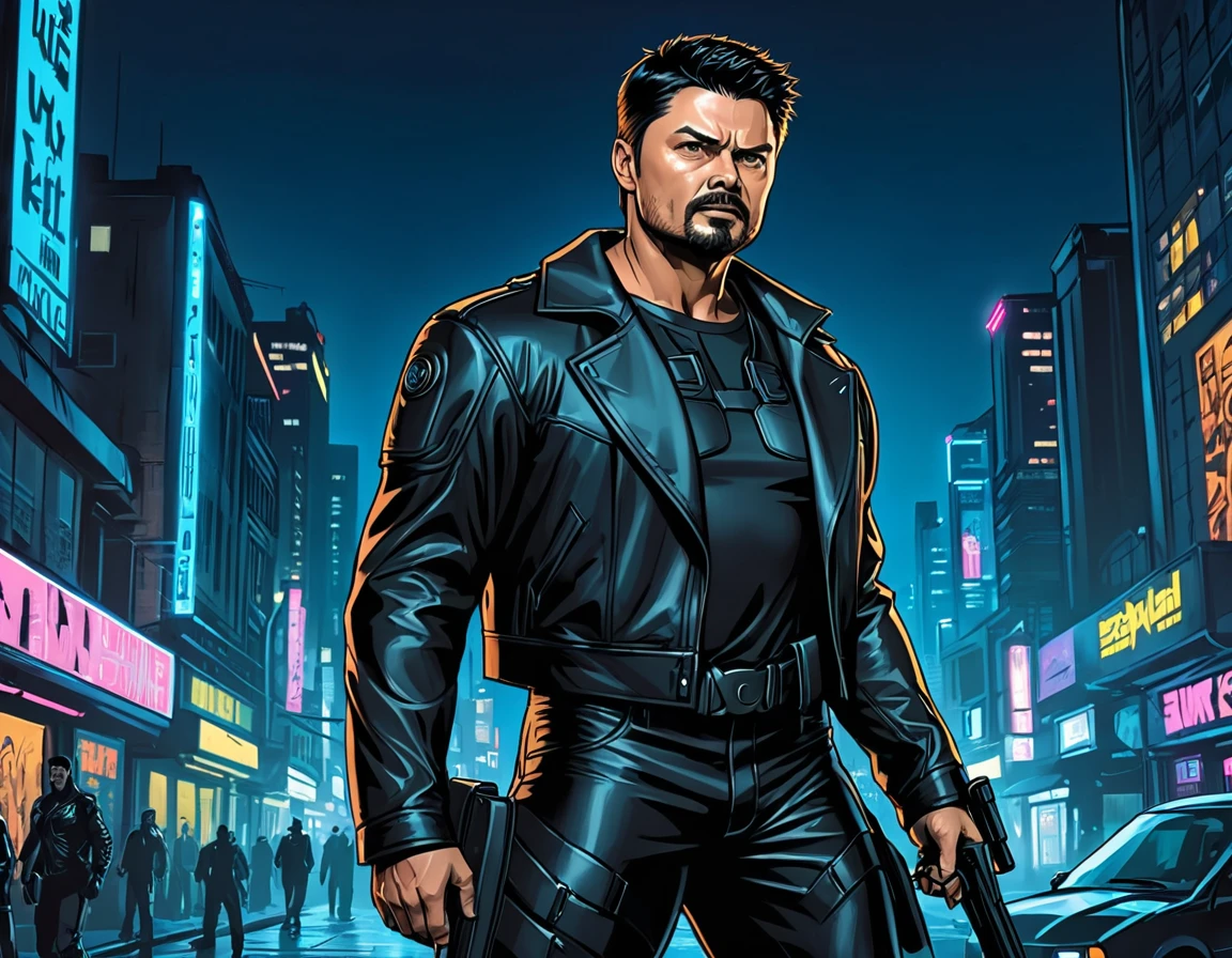(Karl Urban:1.5), Based on William "Billy" Butcher, from the series The Boys, medium black hair, thick goatee, Muscle, Cyberpunk Style, night background, black clothes, full body, Comic Art Style

