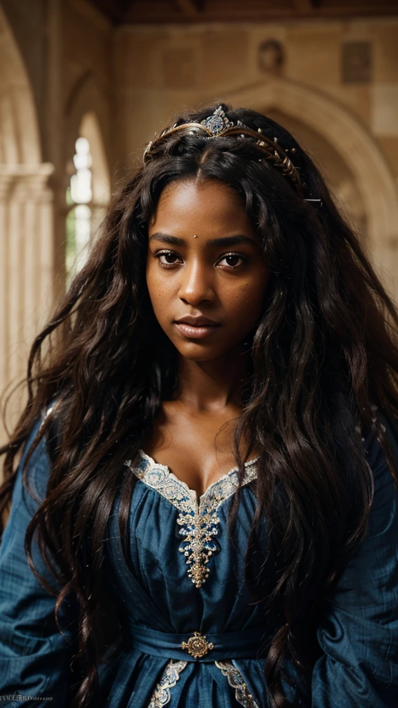 1girl, dark skinned girl, brown skin girl, long curly hair, afro hair, long hair, wearing blue and white dress, black eyes, medieval crown, medieval, detailed portrait, high quality, 8k, photorealistic, hyper detailed, dramatic lighting, cinematic, vibrant colors, fantasy, intricate details, ornate, elegant, regal, serene expression