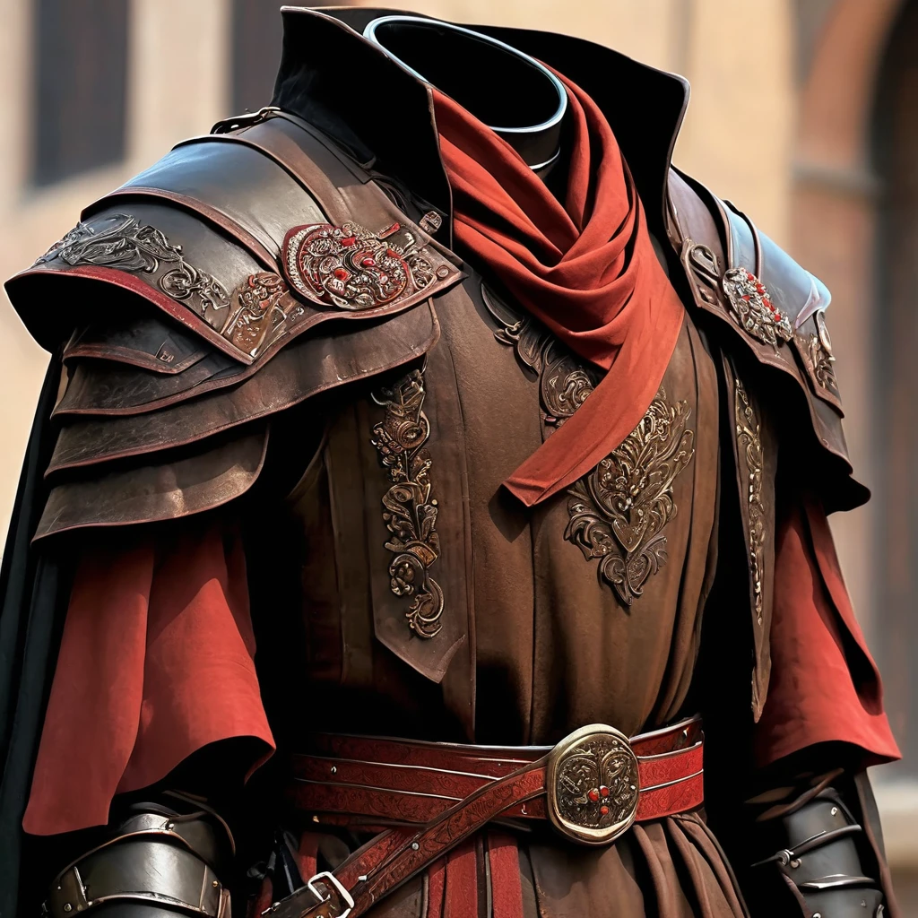 a close up of a brown and black jacket with a red belt, cloth jerkin, stylised military clothes, very detailed and rich clothing, tied leather armor, flowing robes and leather armor, scaled robes, brown armor, highly detailed clothing, battle garments, tattered cloth robes, armor and robes, leather armored, monk's robe, fantasy robe